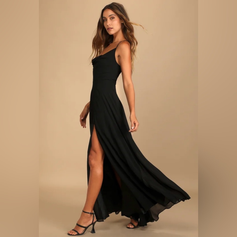 NWT Lulus Romantically Speaking Black Cowl Lace-Up Maxi Dress